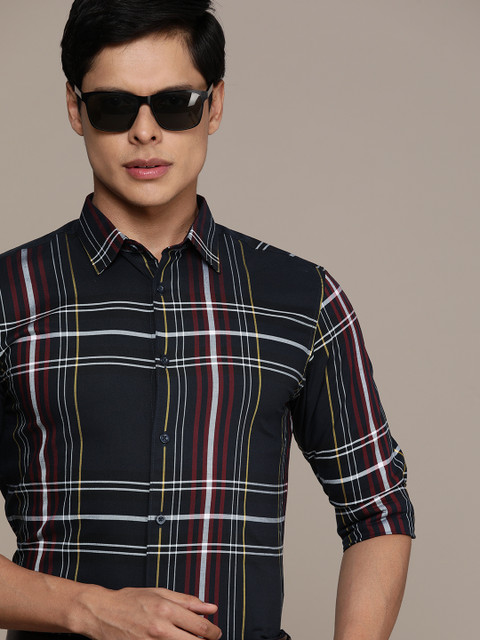 

SELECTED Men Navy Blue & Maroon Slim Fit Opaque Checked Formal Shirt