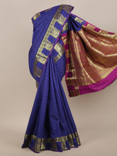 

Pothys Blue & Gold-Toned Ethnic Motifs Art Silk Saree