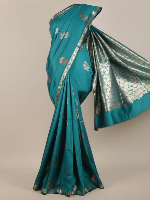 

Pothys Teal & Gold-Toned Ethnic Motifs Art Silk Saree