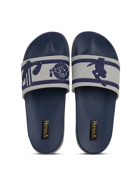 

Histeria Men Grey & Navy Blue Printed Rubber Sliders