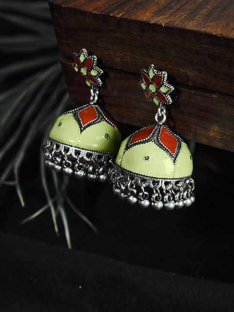 

ZeroKaata Green & Red Enamelled Meenakari Dome Shaped Jhumki Earrings