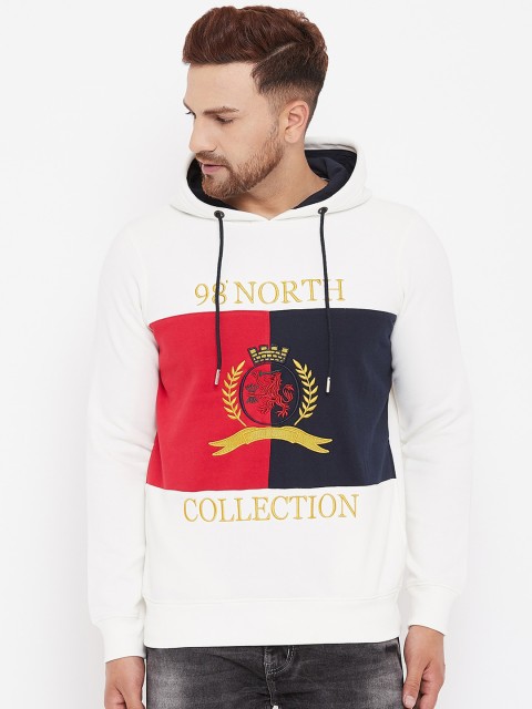 

98 Degree North Men Off White Embroidered Hooded Sweatshirt