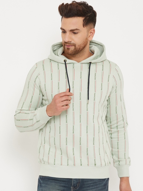 

98 Degree North Men Light Green Striped Hooded Pullover Sweatshirt