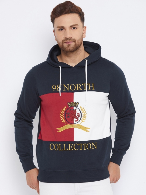 

98 Degree North Men Navy Blue Colourblocked Hooded Pullover Sweatshirt