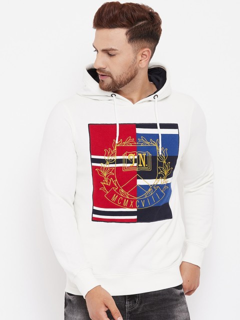 

98 Degree North Men Off White Printed Hooded Sweatshirt