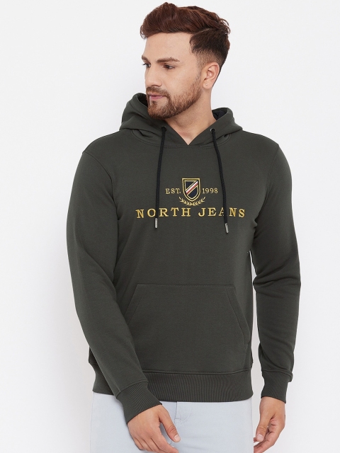

98 Degree North Men Olive Green Typography Printed Hooded Pullover Sweatshirt