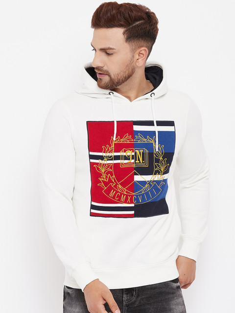 

98 Degree North Men Off White Printed Hooded Sweatshirt