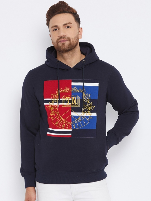 

98 Degree North Men Navy Blue Embroidered Hooded Sweatshirt