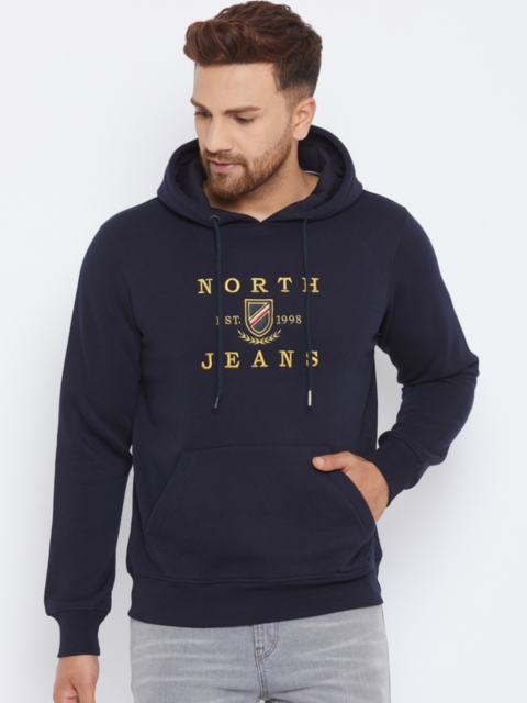 

98 Degree North Men Cotton Navy Blue Printed Hooded Sweatshirt