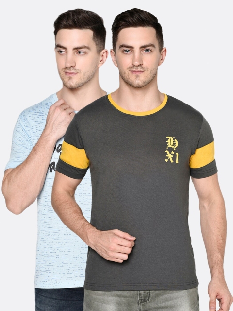 

ELEGANCE Men Pack of 2 Charcoal & Turquoise Blue Typography Printed T-shirt