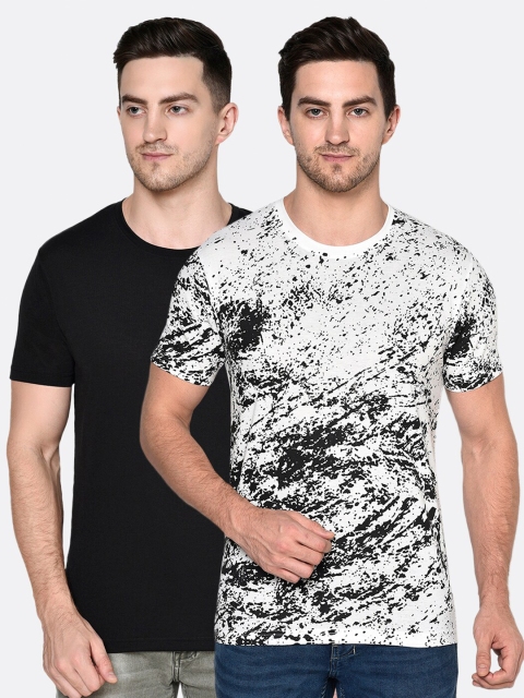 

ELEGANCE Men White & Black Pack Of 2 Graphic Printed Raw Edge T-shirt