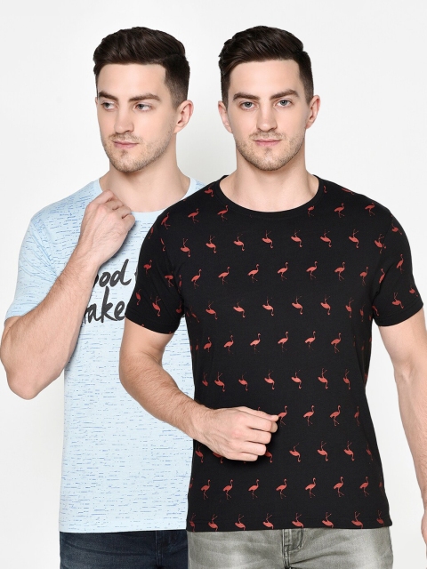 

ELEGANCE Men Set of 2 Black & Blue Printed T-shirts