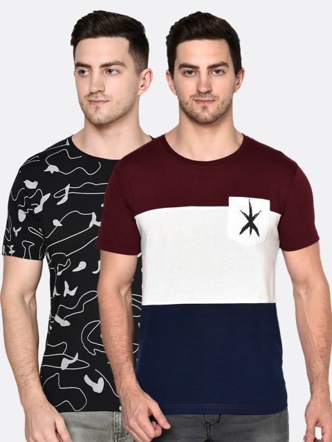 

ELEGANCE Men Pack Of 2 Maroon & Black Printed T-shirts