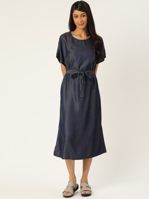 

Ancestry Women Navy Blue Solid Chambray A-Line Midi Dress