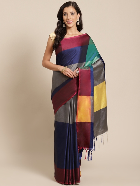 

OM SAI LATEST CREATION Navy Blue & Grey Colourblocked Kanjeevaram Saree