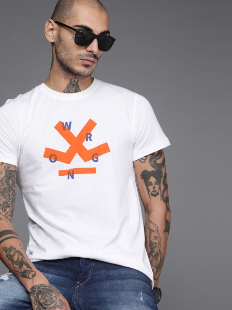 

WROGN Men White Printed Pure Cotton T-shirt