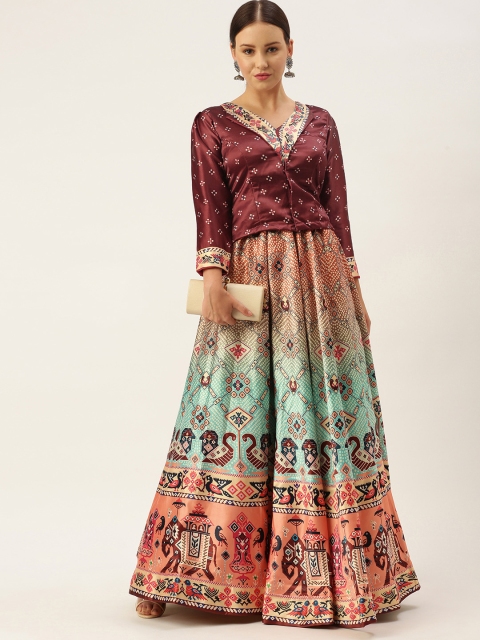

LADUSAA Peach-Coloured Printed Ikat Semi-Stitched Lehenga & Unstitched