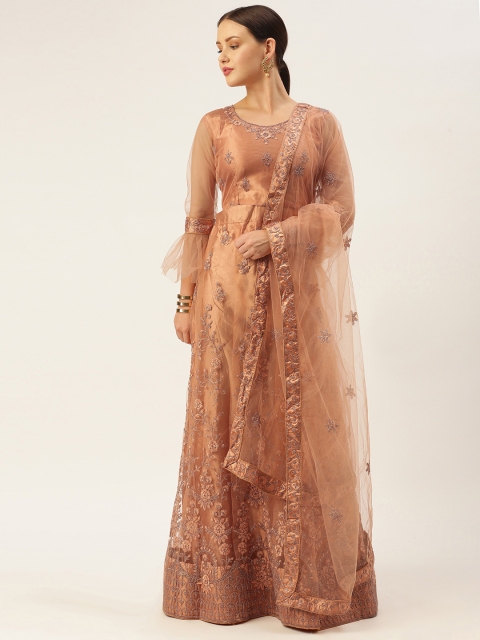 

LADUSAA Peach-Coloured Embroidered Thread Work Tie and Dye Semi-Stitched Lehenga & Unstitched Blouse With