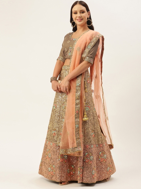 

LADUSAA Coffee Brown Embroidered Sequinned Tie and Dye Semi-Stitched Lehenga & Unstitched Blouse With