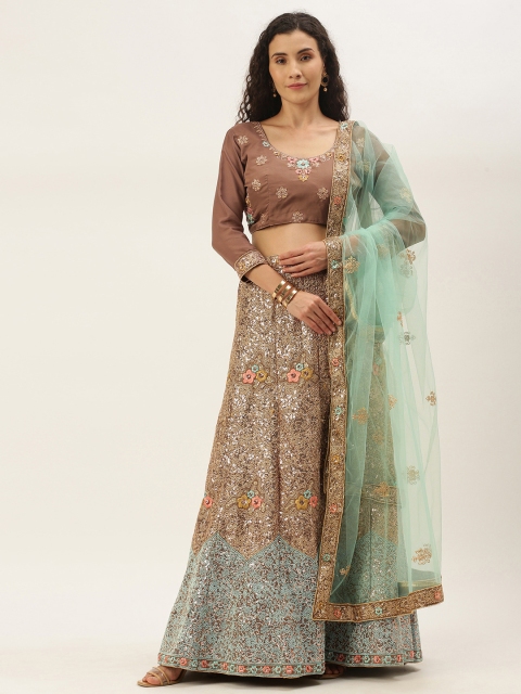 

LADUSAA Turquoise Blue & Brown Embroidered Sequinned Tie and Dye Semi-Stitched Lehenga & Unstitched Blouse