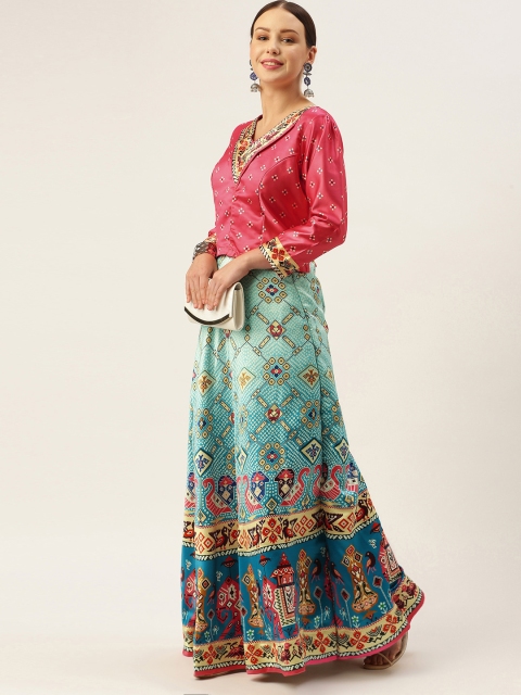 

LADUSAA Turquoise Blue Printed Ikat Semi-Stitched Lehenga & Unstitched Choli