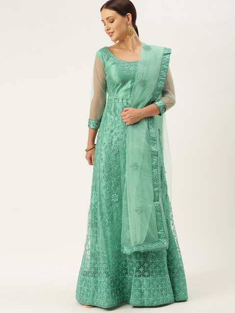 

LADUSAA Sea Green Embroidered Thread Work Semi-Stitched Lehenga Choli