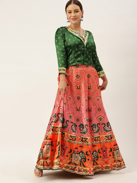

LADUSAA Pink & Green Printed Ikat Semi-Stitched Lehenga & Unstitched Choli