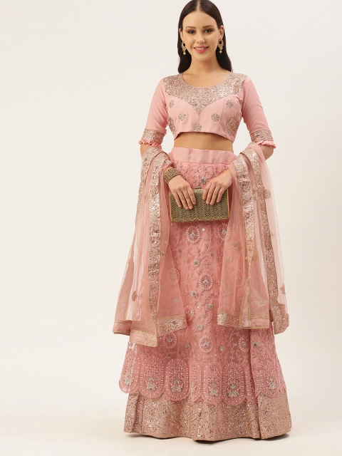 

LADUSAA Pink Embroidered Sequinned Tie and Dye Semi-Stitched Lehenga & Unstitched Blouse With Dupatta