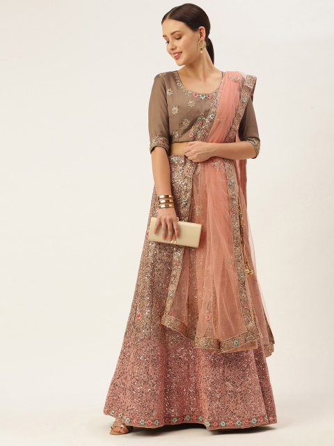 

LADUSAA Pink & Brown Embroidered Sequinned Tie and Dye Semi-Stitched Lehenga & Unstitched Blouse With