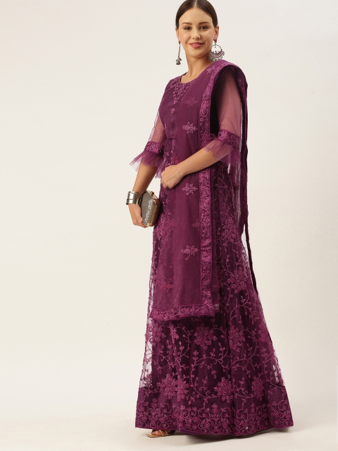 

LADUSAA Purple Embroidered Thread Work Tie and Dye Semi-Stitched Lehenga & Unstitched Blouse With Dupatta