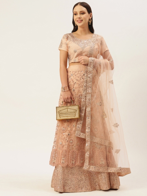 

LADUSAA Peach-Coloured Embroidered Sequinned Tie and Dye Semi-Stitched Lehenga & Unstitched Blouse With