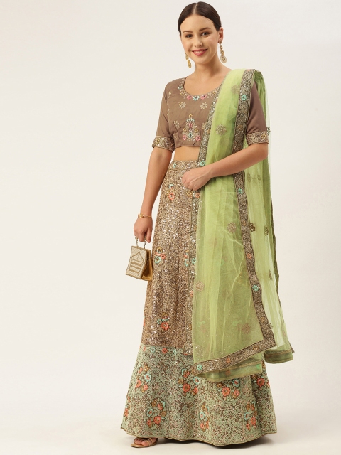 

LADUSAA Green & Brown Embroidered Sequinned Tie and Dye Semi-Stitched Lehenga & Unstitched Blouse With