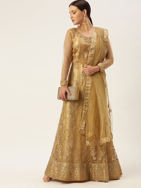 

LADUSAA Golden Embroidered Semi-Stitched Lehenga & Unstitched Blouse With Dupatta, Gold