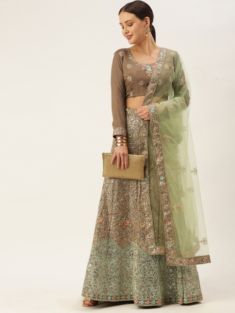 

LADUSAA Green & Brown Embroidered Sequinned Tie and Dye Semi-Stitched Lehenga & Unstitched Blouse With