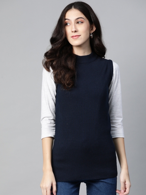 

PICOT Women Navy Blue Ribbed Pullover