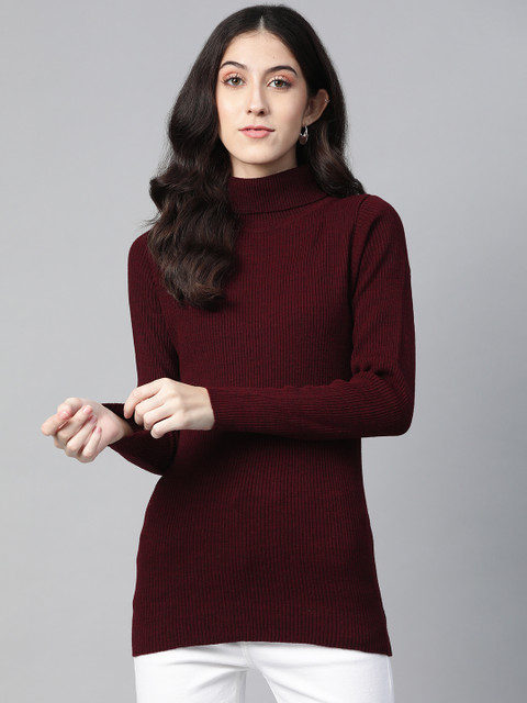 

PICOT Women Maroon Ribbed Longline Pullover