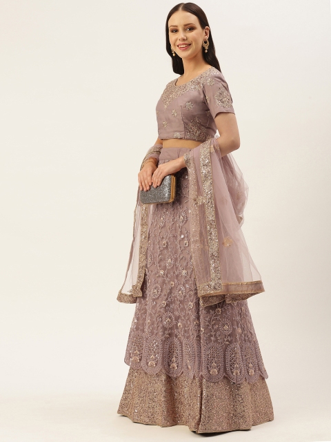 

LADUSAA Violet Embroidered Sequinned Tie and Dye Semi-Stitched Lehenga & Unstitched Blouse With Dupatta