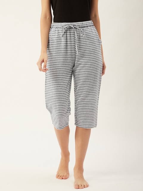 

9teenAGAIN Women Charcoal Grey & White Striped Cotton Lounge Capris