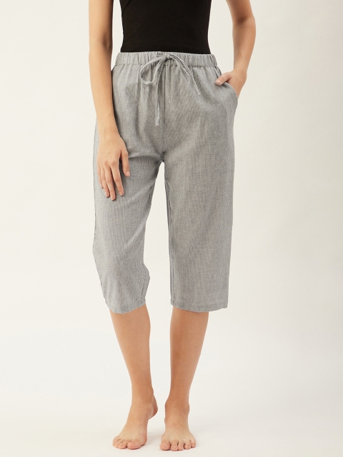 

9teenAGAIN Women Grey & White Striped Cotton Lounge Capris