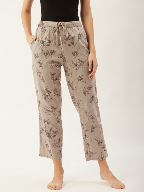 

9teenAGAIN Women Off White & Coffee Brown Floral Print Lounge Pants
