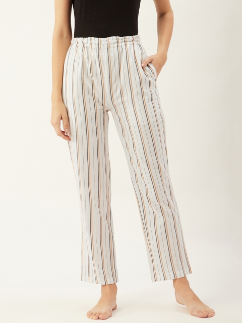 

9teenAGAIN Women White & Mustard Yellow Striped Cotton Lounge Pants