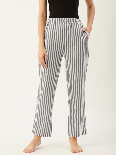 

9teenAGAIN Women White & Grey Striped Pure Cotton Lounge Pants