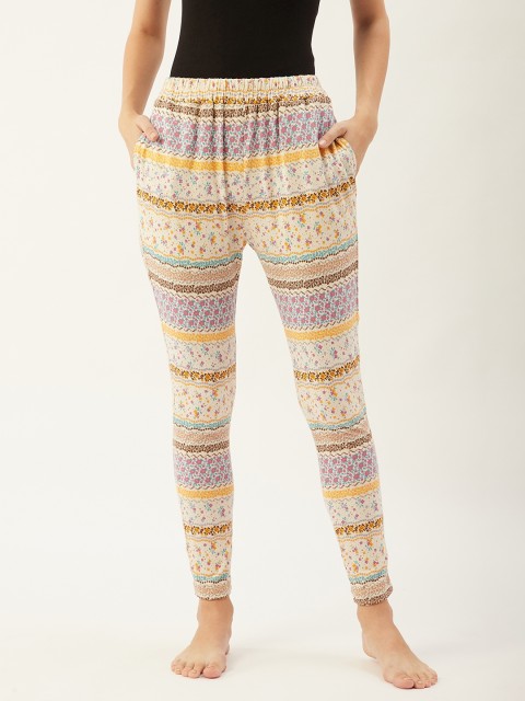 

9teenAGAIN Women Off White & Mustard Yellow Floral Print Cotton Lounge Pants