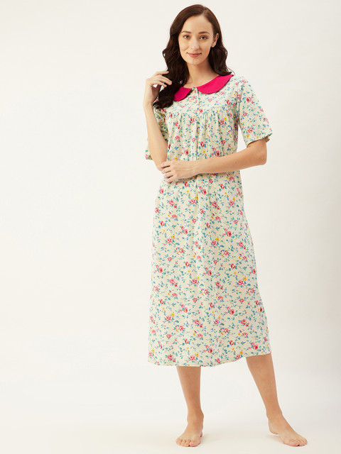 

9teenAGAIN Off White & Blue Floral Print Peter Pan Collar Cotton Nightdress