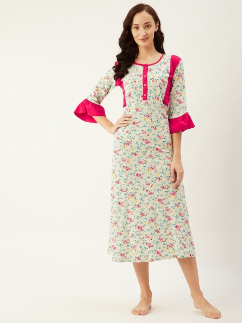 

9teenAGAIN Off White & Blue Floral Printed Hosiery Cotton Nightdress