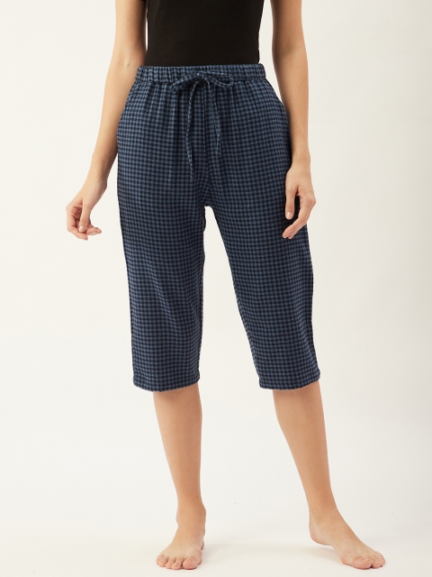 

9teenAGAIN Women Navy Blue & Black Checked Pure Cotton Lounge Capris