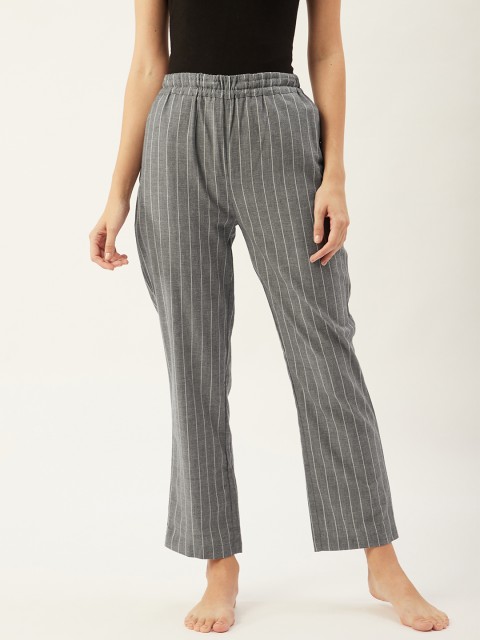 

9teenAGAIN Women Grey & White Striped Pure Cotton Lounge Pants
