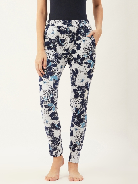 

9teenAGAIN Women White and Navy Blue Floral Printed Lounge Pants