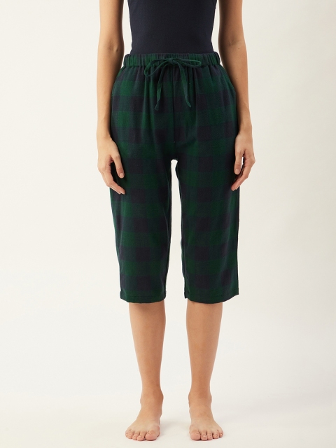 

9teenAGAIN Women Green & Blue Cotton Checked Lounge Capris