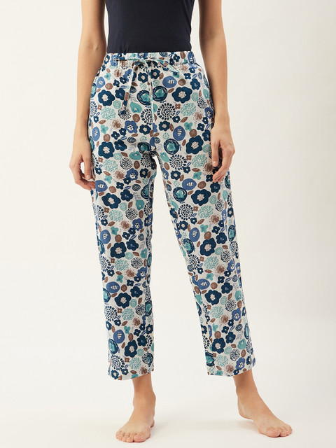 

9teenAGAIN Women Off-White & Blue Cotton Printed Lounge Pants